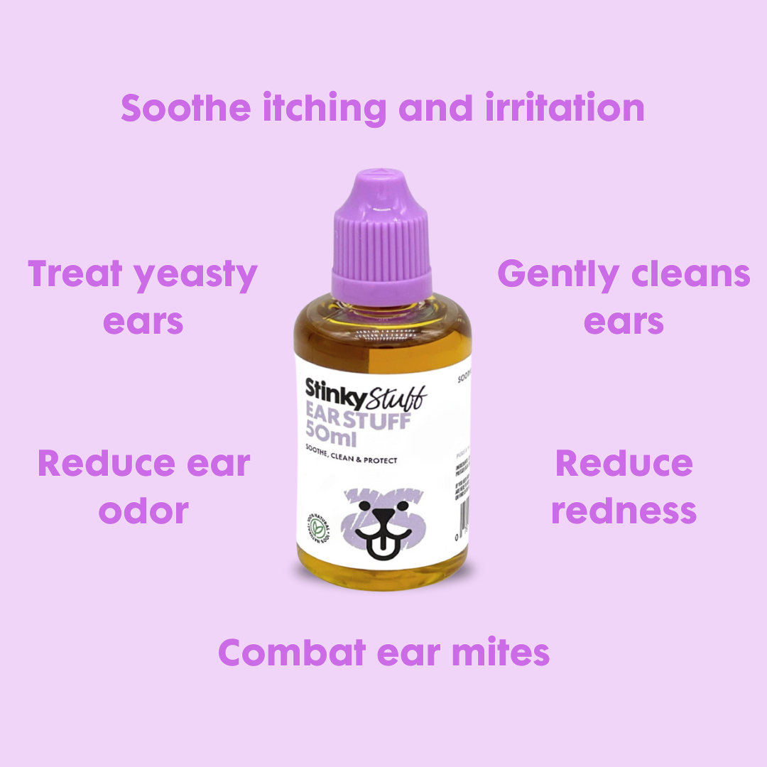 Bottle of Stinky Stuff Ear Stuff on a purple background with text about ear care benefits.