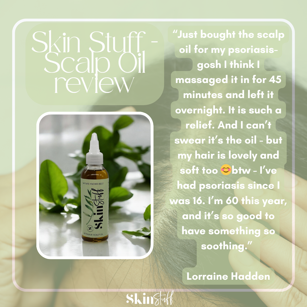 Scalp oil bottle with green leaves on a light green background, featuring a review quote.