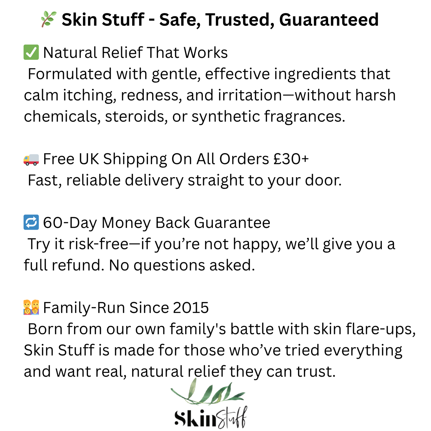 Promotional text for Skin Stuff with product features and branding.
