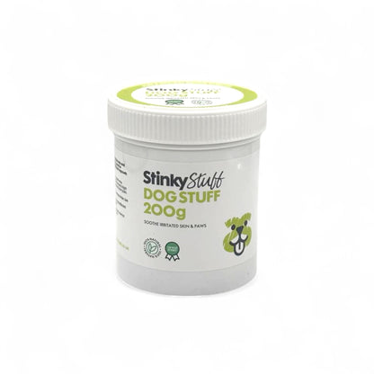 Jar of 'Stinky Stuff Dog Stuff' on a white background