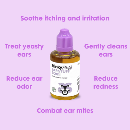 Stinky Stuff Ear Stuff on a purple background with text about ear care benefits. Included in itchy relief bundle. 
