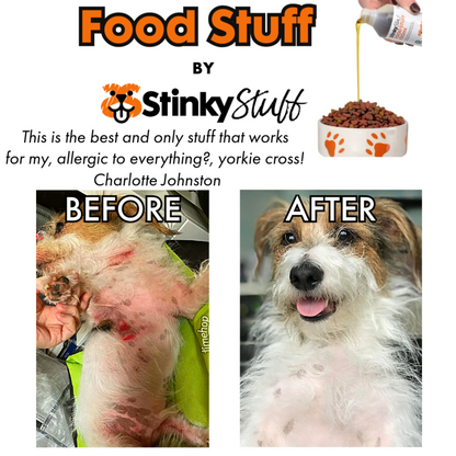 Before and after comparison of a dog with 'Stinky Stuff' product, featuring a bowl of food.