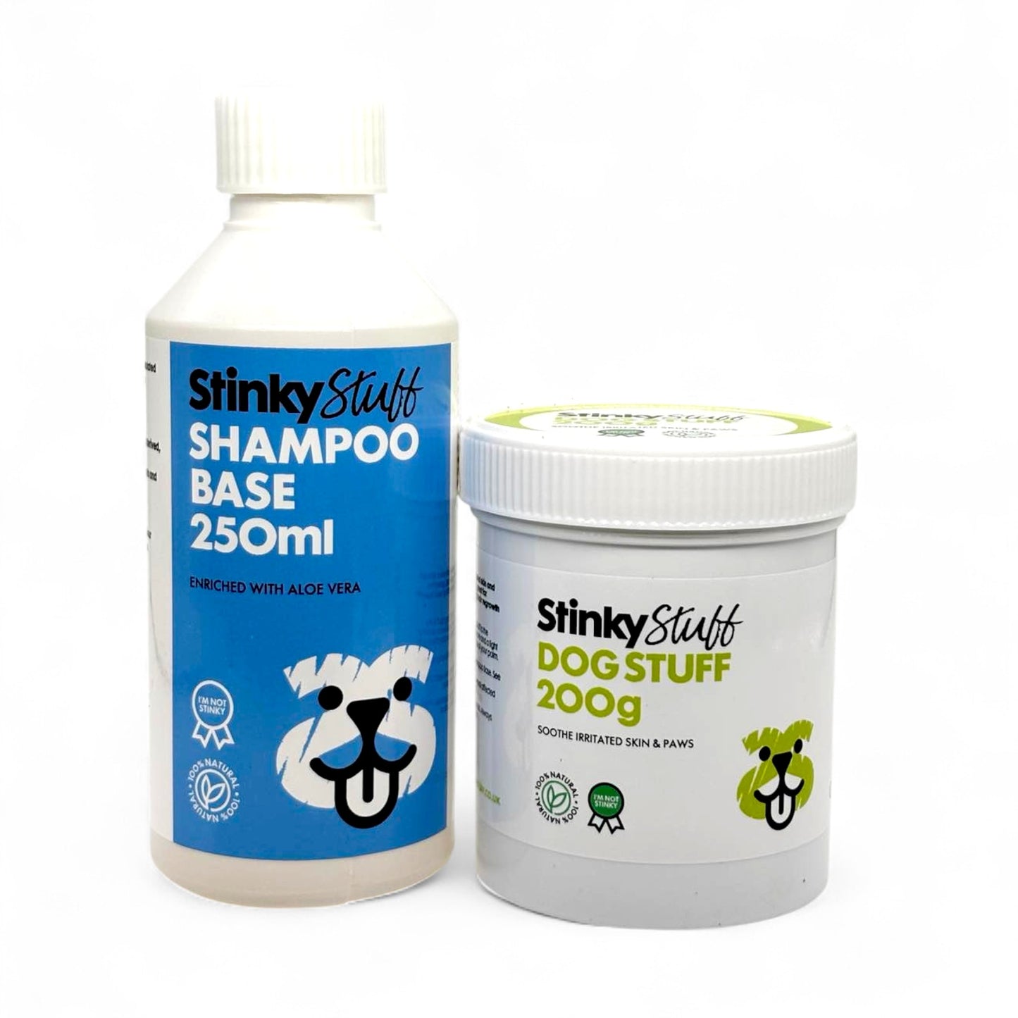 Stinky Stuff shampoo base and dog stuff product on a white background